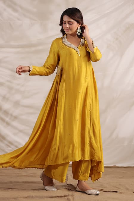 Buy_Label Niti Bothra_Yellow Silk Sequins, Embroidery V-neck Pankh Anarkali And Palazzo Set _Online_at_Aza_Fashions