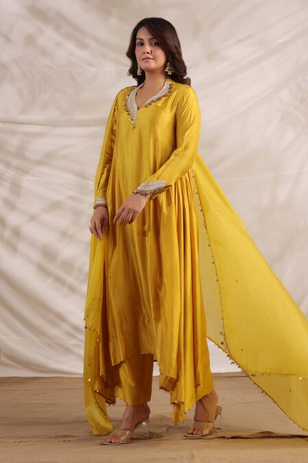 Shop_Label Niti Bothra_Yellow Silk Sequins, Embroidery V-neck Pankh Anarkali And Palazzo Set _Online_at_Aza_Fashions