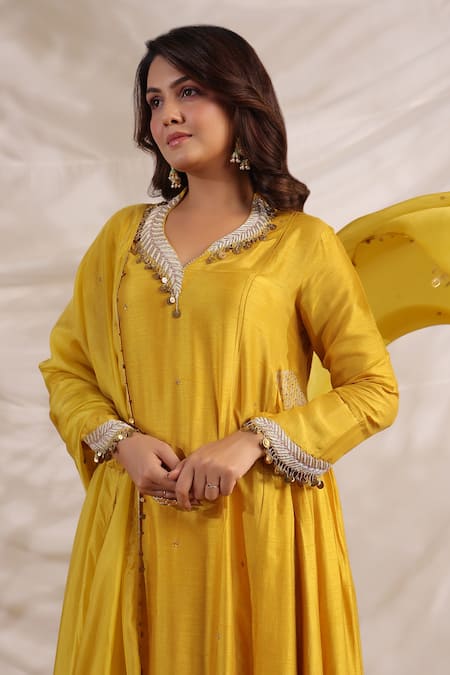 Label Niti Bothra_Yellow Silk Sequins, Embroidery V-neck Pankh Anarkali And Palazzo Set _at_Aza_Fashions