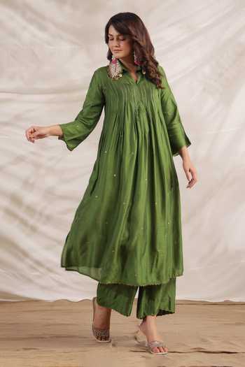 Shop_Label Niti Bothra_Green Silk Sequins Collared Pankh Pintucked Anarkali And Palazzo Set _Online_at_Aza_Fashions