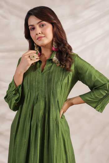 Label Niti Bothra_Green Silk Sequins Collared Pankh Pintucked Anarkali And Palazzo Set _at_Aza_Fashions