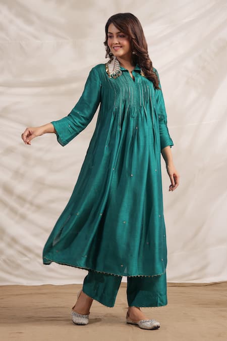 Label Niti Bothra_Green Silk Sequins, Zari Pankh Embroidered Pintucked Anarkali And Palazzo Set _Online_at_Aza_Fashions