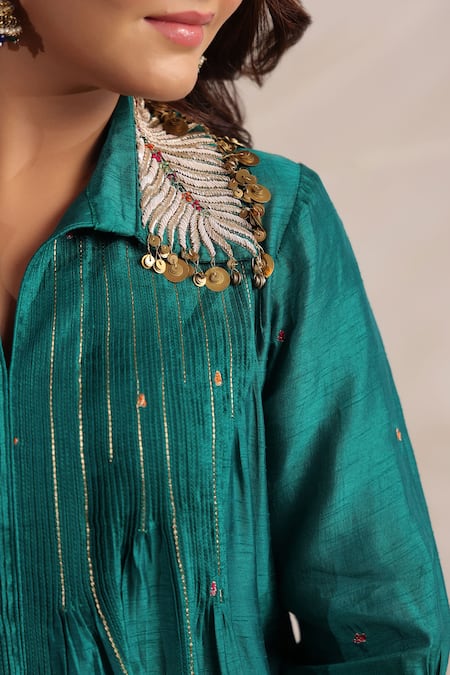 Label Niti Bothra_Green Silk Sequins, Zari Pankh Embroidered Pintucked Anarkali And Palazzo Set _at_Aza_Fashions