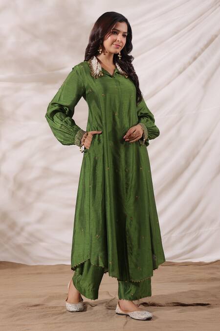 Label Niti Bothra_Green Silk Sequins, Embroidery Collared Pankh Asymmetric Anarkali And Palazzo Set _Online_at_Aza_Fashions