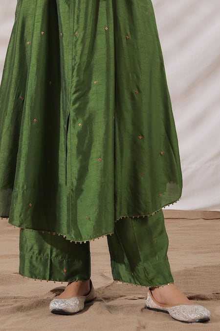 Buy_Label Niti Bothra_Green Silk Sequins, Embroidery Collared Pankh Asymmetric Anarkali And Palazzo Set _Online_at_Aza_Fashions