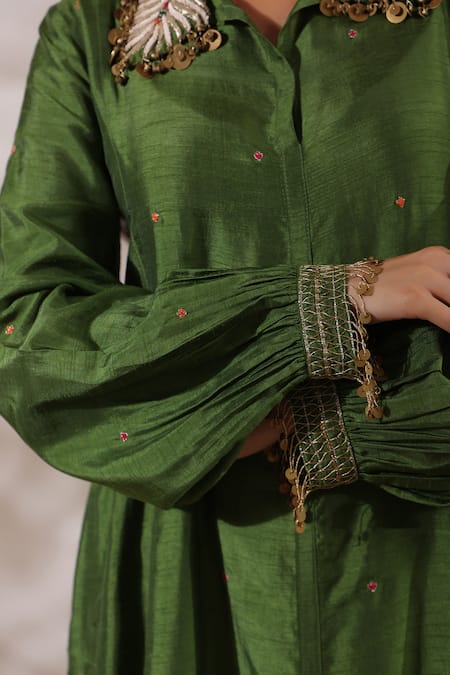 Shop_Label Niti Bothra_Green Silk Sequins, Embroidery Collared Pankh Asymmetric Anarkali And Palazzo Set _Online_at_Aza_Fashions