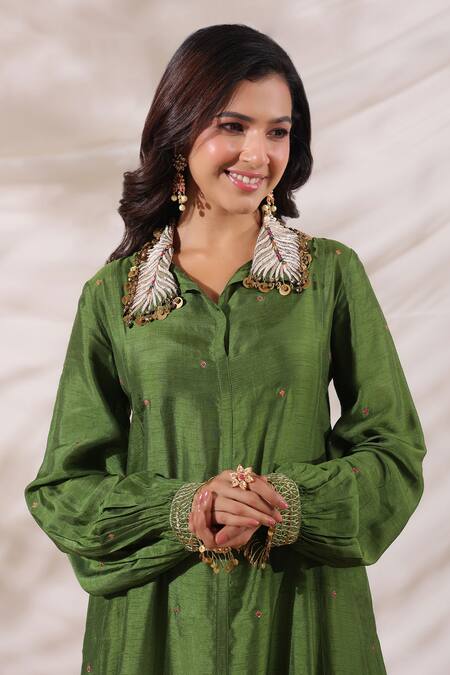 Label Niti Bothra_Green Silk Sequins, Embroidery Collared Pankh Asymmetric Anarkali And Palazzo Set _at_Aza_Fashions
