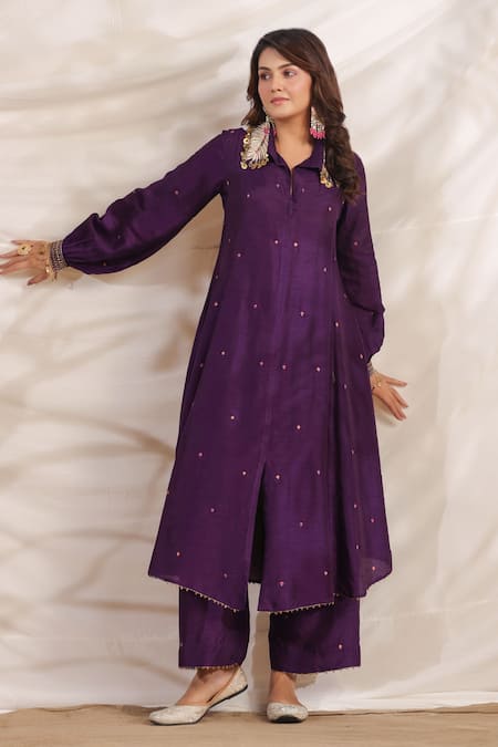 Buy_Label Niti Bothra_Purple Silk Sequins, Embroidery Pankh Asymmetric Anarkali And Palazzo Set _Online_at_Aza_Fashions