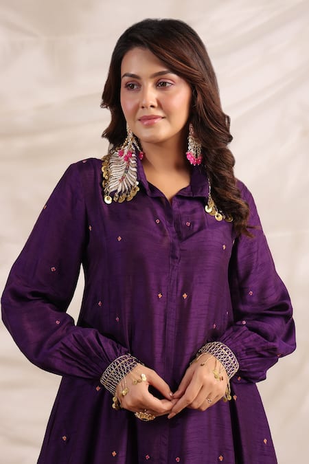 Label Niti Bothra_Purple Silk Sequins, Embroidery Pankh Asymmetric Anarkali And Palazzo Set _at_Aza_Fashions