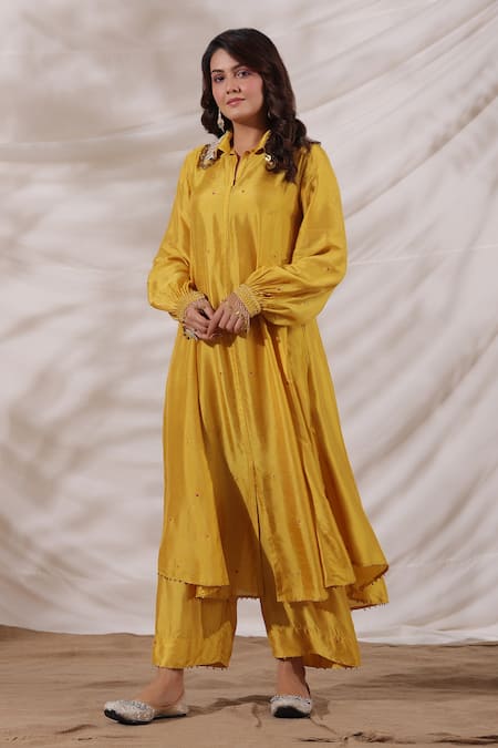Label Niti Bothra_Yellow Silk Sequins, Embroidery Collared Pankh Anarkali And Palazzo Set _Online_at_Aza_Fashions