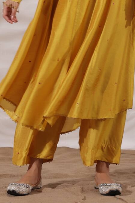 Buy_Label Niti Bothra_Yellow Silk Sequins, Embroidery Collared Pankh Anarkali And Palazzo Set _Online_at_Aza_Fashions