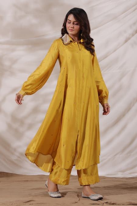 Shop_Label Niti Bothra_Yellow Silk Sequins, Embroidery Collared Pankh Anarkali And Palazzo Set _Online_at_Aza_Fashions
