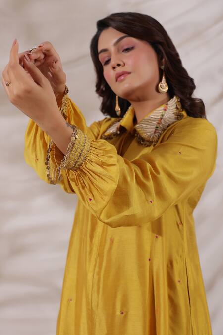 Label Niti Bothra_Yellow Silk Sequins, Embroidery Collared Pankh Anarkali And Palazzo Set _at_Aza_Fashions