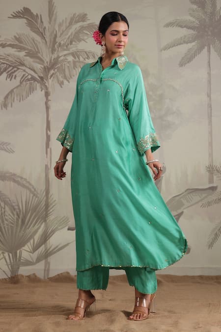 Label Niti Bothra_Green Silk Sequins, Beads Collared Roselyn Work Kurta And Palazzo Set _Online_at_Aza_Fashions