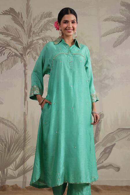 Buy_Label Niti Bothra_Green Silk Sequins, Beads Collared Roselyn Work Kurta And Palazzo Set _Online_at_Aza_Fashions