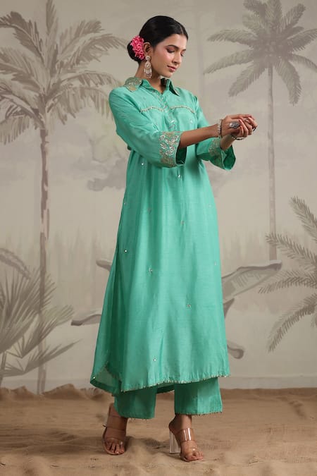 Shop_Label Niti Bothra_Green Silk Sequins, Beads Collared Roselyn Work Kurta And Palazzo Set _Online_at_Aza_Fashions