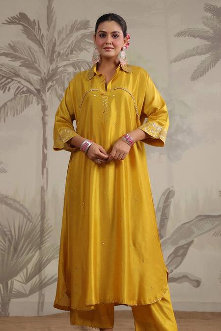 Label Niti Bothra_Yellow Silk Embroidery, Sequins Collared Roselyn A-line Kurta And Palazzo Set _Online_at_Aza_Fashions