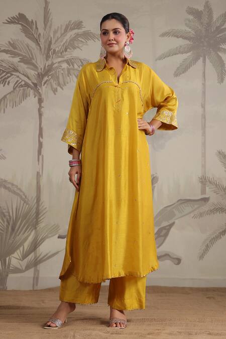 Buy_Label Niti Bothra_Yellow Silk Embroidery, Sequins Collared Roselyn A-line Kurta And Palazzo Set _Online_at_Aza_Fashions