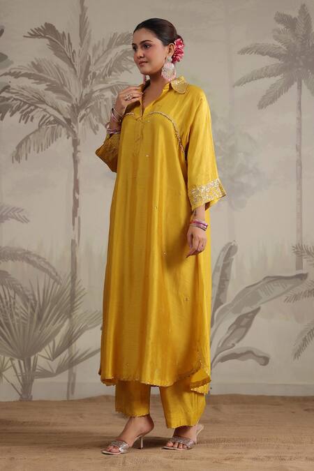 Shop_Label Niti Bothra_Yellow Silk Embroidery, Sequins Collared Roselyn A-line Kurta And Palazzo Set _Online_at_Aza_Fashions