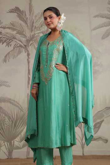 Buy Label Niti Bothra Green Silk Sequins, Beads Round Neck Roselyn Embroidered Kurta And Palazzo Set Online at Aza Fashions Buy_Label Niti Bothra_Green Silk Sequins, Beads Round Neck Roselyn Embroidered Kurta And Palazzo Set _Online_at_Aza_Fashions