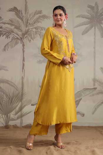 NEETA | Women’s Mustard Co-Ord Set | Subtle Circular Embroidery Kurta Palazzo main image 1