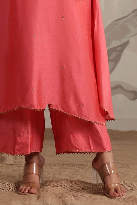 Label Niti Bothra_Pink Silk Beads, Sequins Roselyn Embroidered Asymmetric Kurta And Palazzo Set _Online_at_Aza_Fashions
