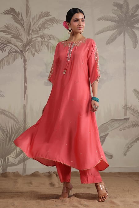Buy_Label Niti Bothra_Pink Silk Beads, Sequins Roselyn Embroidered Asymmetric Kurta And Palazzo Set _Online_at_Aza_Fashions