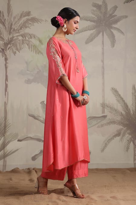 Shop_Label Niti Bothra_Pink Silk Beads, Sequins Roselyn Embroidered Asymmetric Kurta And Palazzo Set _Online_at_Aza_Fashions