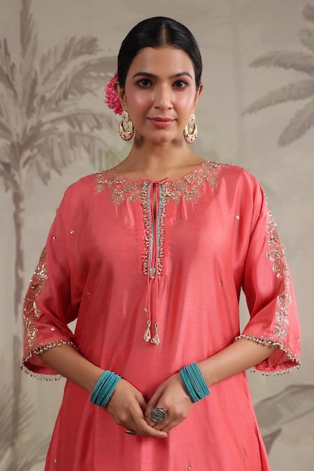 Label Niti Bothra_Pink Silk Beads, Sequins Roselyn Embroidered Asymmetric Kurta And Palazzo Set _at_Aza_Fashions