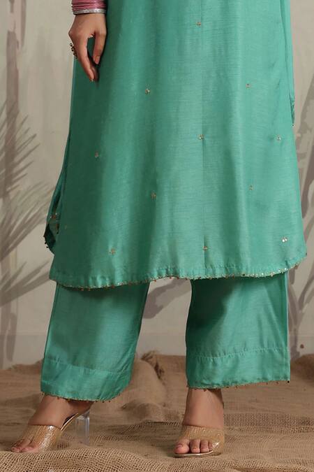 Buy_Label Niti Bothra_Green Silk Sequins, Beads Roselyn Asymmetric Embroidered Kurta And Palazzo Set _Online_at_Aza_Fashions
