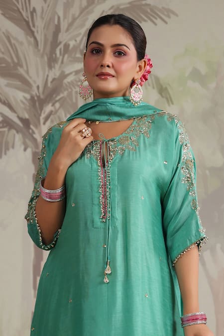 Shop_Label Niti Bothra_Green Silk Sequins, Beads Roselyn Asymmetric Embroidered Kurta And Palazzo Set _Online_at_Aza_Fashions