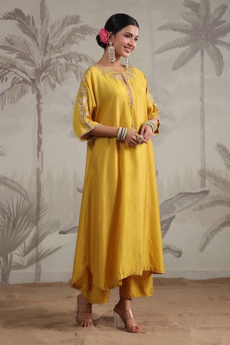 Label Niti Bothra_Yellow Silk Beads, Sequins Round Roselyn A-line Embroidered Kurta And Palazzo Set _Online_at_Aza_Fashions