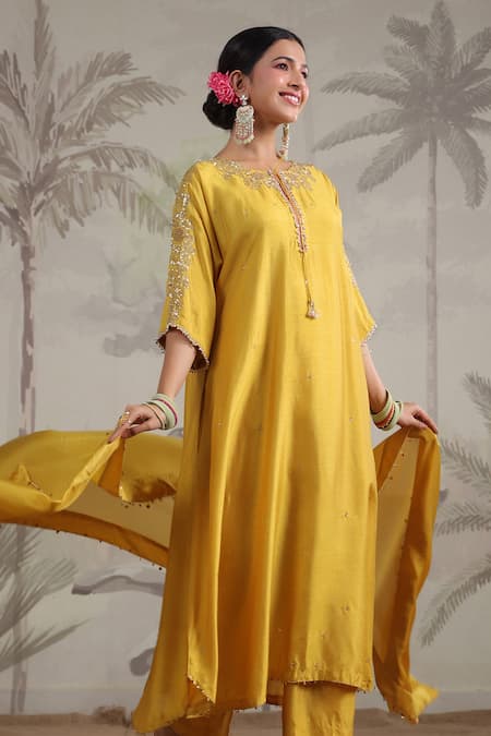 Buy_Label Niti Bothra_Yellow Silk Beads, Sequins Round Roselyn A-line Embroidered Kurta And Palazzo Set _Online_at_Aza_Fashions