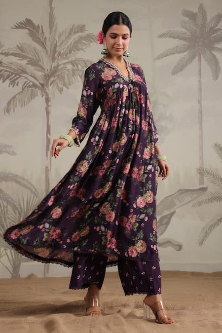 Label Niti Bothra_Purple Silk Beads, Sequins, Vintage Rose Print Gathered Anarkali With Palazzo _Online_at_Aza_Fashions