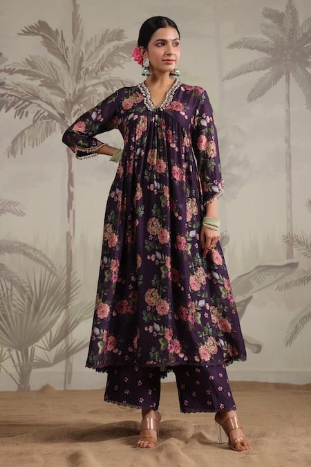 Shop_Label Niti Bothra_Purple Silk Beads, Sequins, Vintage Rose Print Gathered Anarkali With Palazzo _Online_at_Aza_Fashions