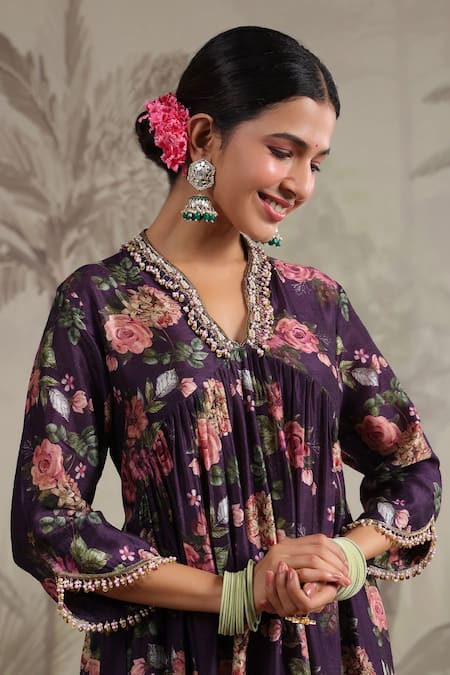 Buy_Label Niti Bothra_Purple Silk Beads, Sequins, Vintage Rose Print Gathered Anarkali With Palazzo 