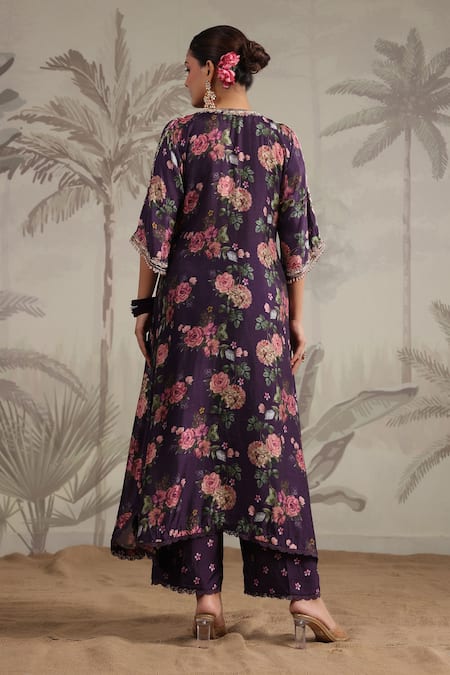 Shop_Label Niti Bothra_Purple Silk Sequins, Beads, Tassels, Lace, Cut Vintage Rose Print Anarkali Set _at_Aza_Fashions