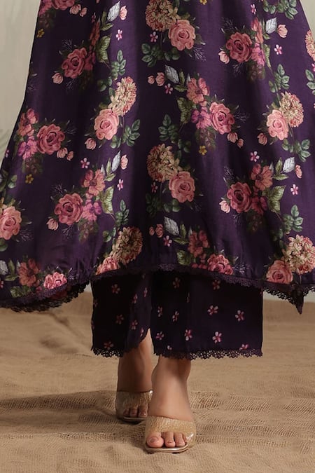 Label Niti Bothra Purple Silk Sequins, Beads, Tassels, Lace, Cut Vintage Rose Print Anarkali Set Online at Aza Fashions Label Niti Bothra_Purple Silk Sequins, Beads, Tassels, Lace, Cut Vintage Rose Print Anarkali Set _Online_at_Aza_Fashions