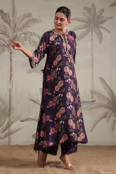 Buy_Label Niti Bothra_Purple Silk Sequins, Beads, Tassels, Lace, Cut Vintage Rose Print Anarkali Set _Online_at_Aza_Fashions