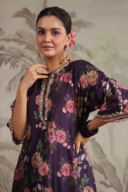 Shop_Label Niti Bothra_Purple Silk Sequins, Beads, Tassels, Lace, Cut Vintage Rose Print Anarkali Set _Online_at_Aza_Fashions
