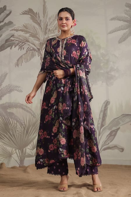 Label Niti Bothra_Purple Silk Sequins, Beads, Tassels, Lace, Cut Vintage Rose Print Anarkali Set _at_Aza_Fashions