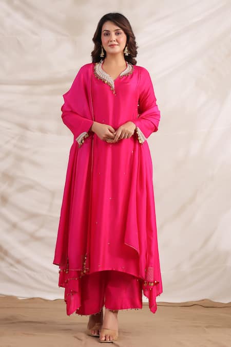 Label Niti Bothra_Pink Silk Sequins, Embroidery V-neck Pankh Anarkali And Palazzo Set _at_Aza_Fashions