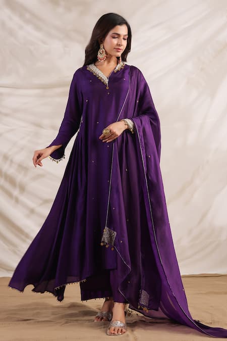 Label Niti Bothra_Purple Silk Sequins, Embroidery V-neck Pankh Placement Anarkali And Palazzo Set _at_Aza_Fashions