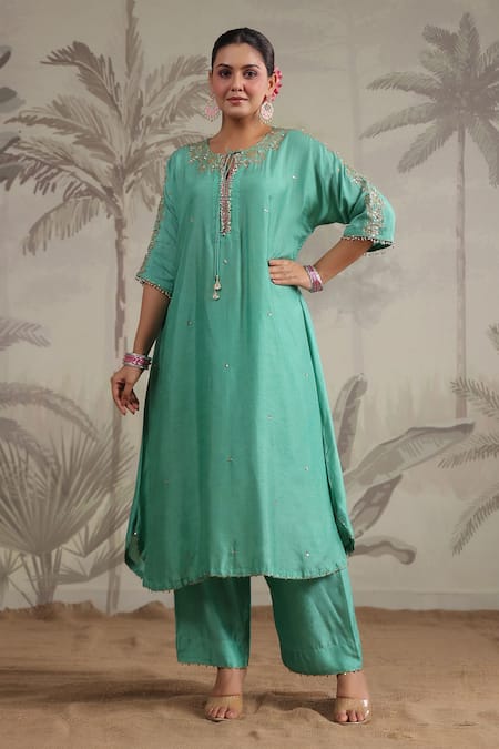 Label Niti Bothra Roselyn Asymmetric Embroidered Kurta & Palazzo Set 