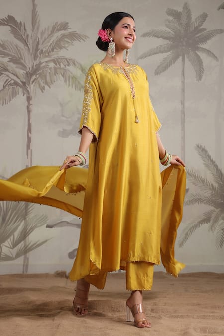 Shop_Label Niti Bothra_Yellow Silk Beads, Sequins Round Roselyn A-line Embroidered Kurta And Palazzo Set _Online_at_Aza_Fashions