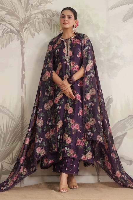 Buy_Label Niti Bothra_Purple Silk Sequins, Beads, Tassels, Lace, Cut Vintage Rose Print Anarkali Set 