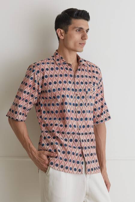 Shop_Artless_Peach Cotton Linen Printed Eyes On You Shirt_Online_at_Aza_Fashions