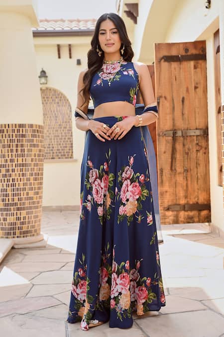 Palak & Mehak_Blue Crepe, Net Embroidery Round Neck Disha Botanical Print Lehenga Set _Online_at_Aza_Fashions