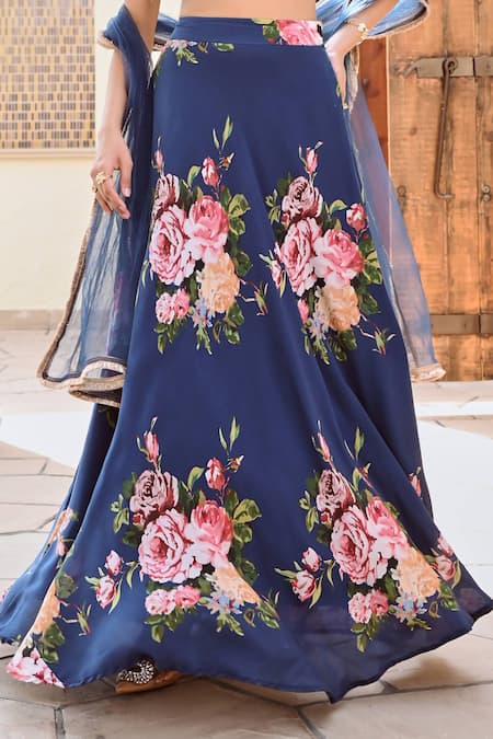 Shop_Palak & Mehak_Blue Crepe, Net Embroidery Round Neck Disha Botanical Print Lehenga Set _Online_at_Aza_Fashions