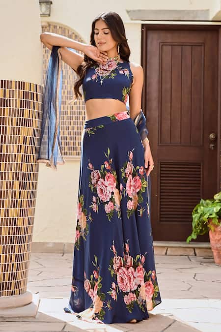 Palak & Mehak_Blue Crepe, Net Embroidery Round Neck Disha Botanical Print Lehenga Set _at_Aza_Fashions